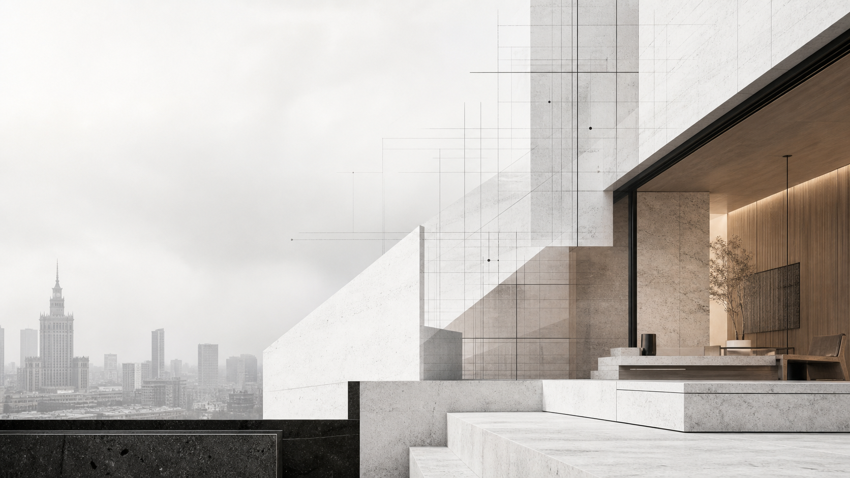 Koncepcyjna kompozycja architektury, warszawskiej panoramy i eleganckiego wnętrza